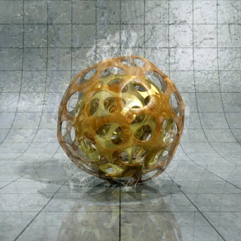 "A digital rendering illustrates a metallic gold sphere with circular perforations nested inside a larger, translucent amber-colored lattice. The structure is situated on a reflective tiled surface within a curved gray grid environment and is surrounded by wisps of white vapor."